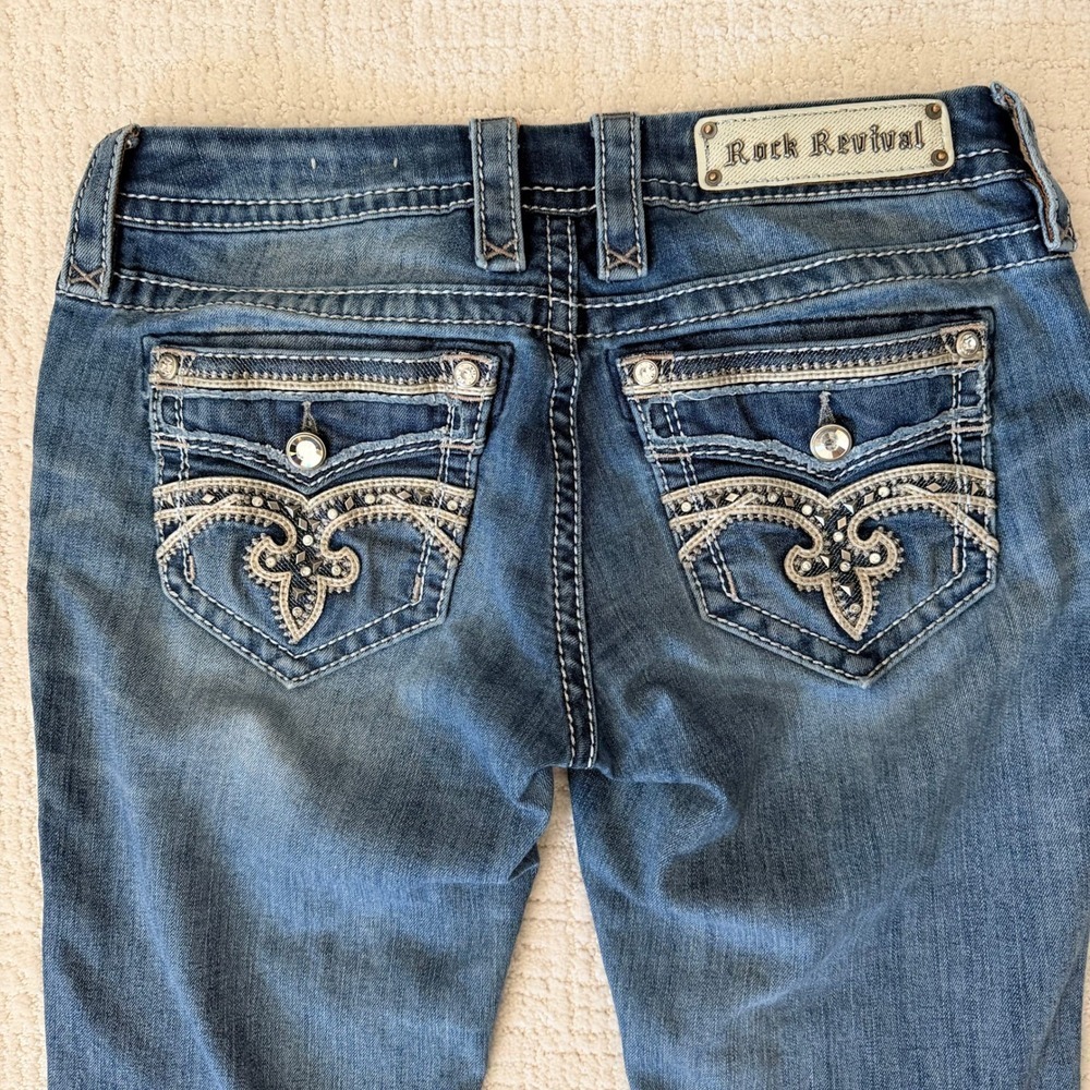 Rock Revival Pilkin Women's Crop Jeans Embellished Pockets Blue Denim Size 27